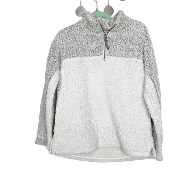 Dylan‎ Woman's Sz S Gray and White Faux Sherpa Pullover Quarter Zip Sweatshirt - Picture 1 of 10